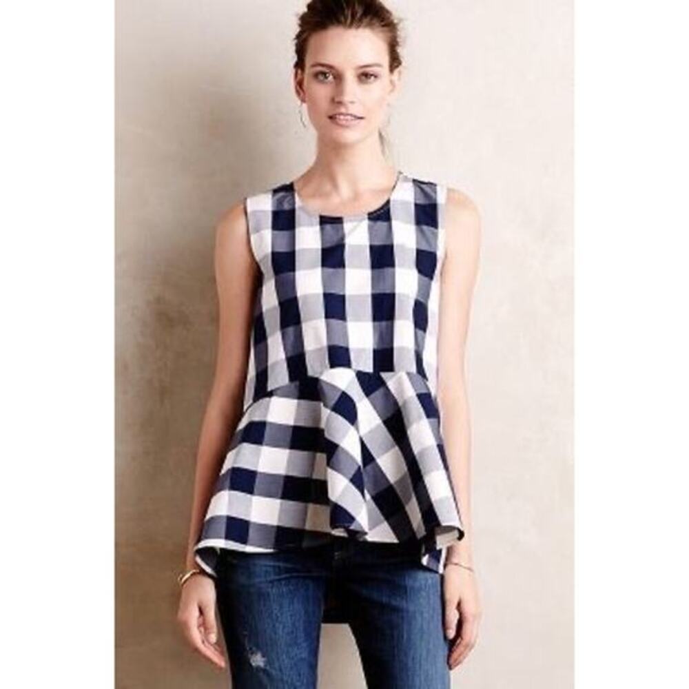 Anthro HD In‎ Paris Gingham Peplum Top Sz S Sleeveless Hi-Lo Navy White Preppy